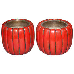 Antique Pair of Japanese Red Lacquer Hibachi