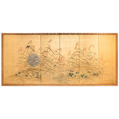 Six-Panel Japanese Screen "Moon and Wild Grasses on Gold"