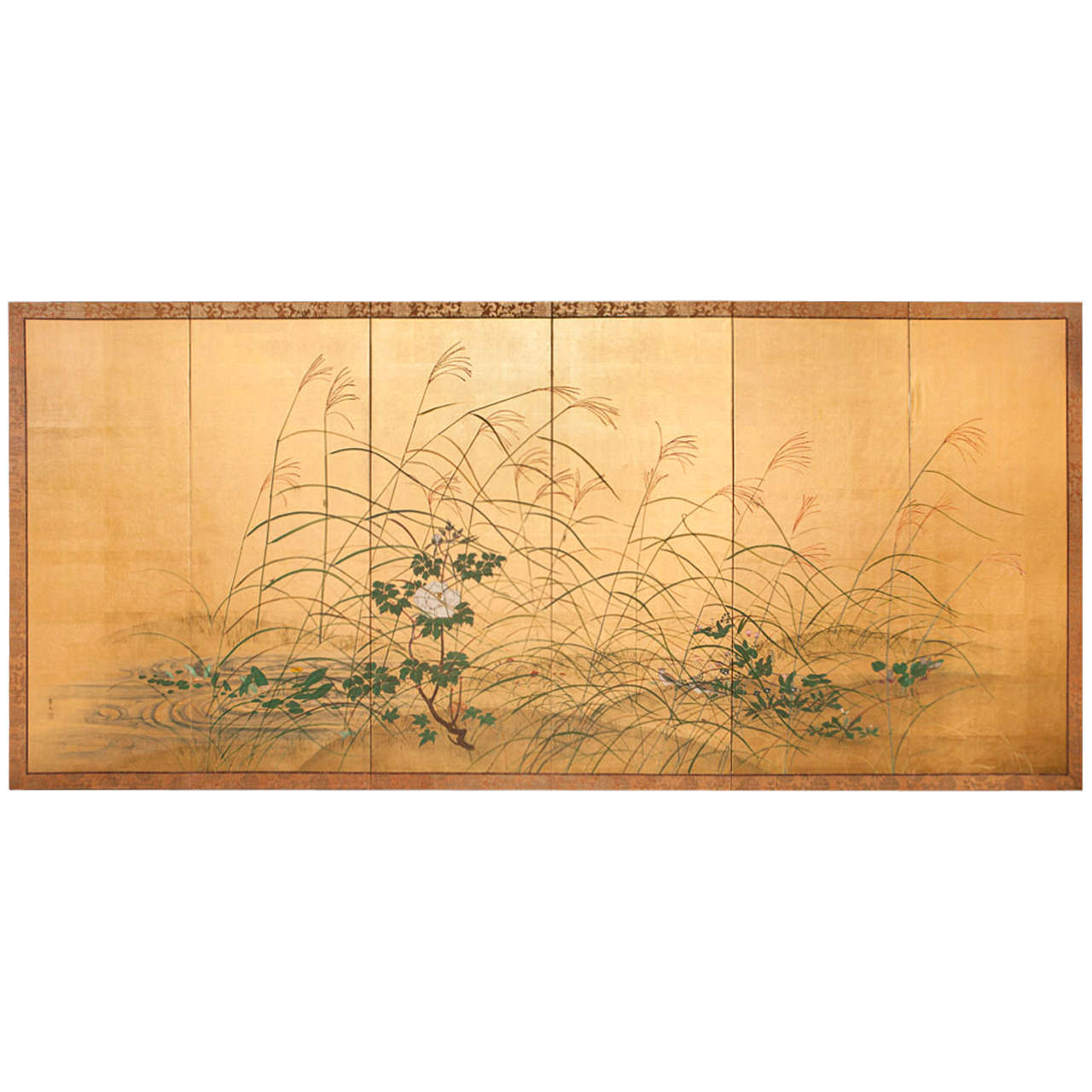 Japanese Six-Panel Screen "Wild Grasses and Peonies by Rivers Edge" For Sale