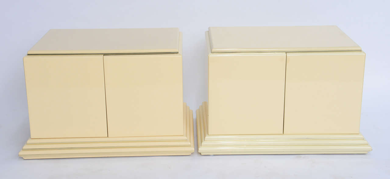 Pair of Rougier Streamline Moderne Style Cream Lacquer Bedside Tables