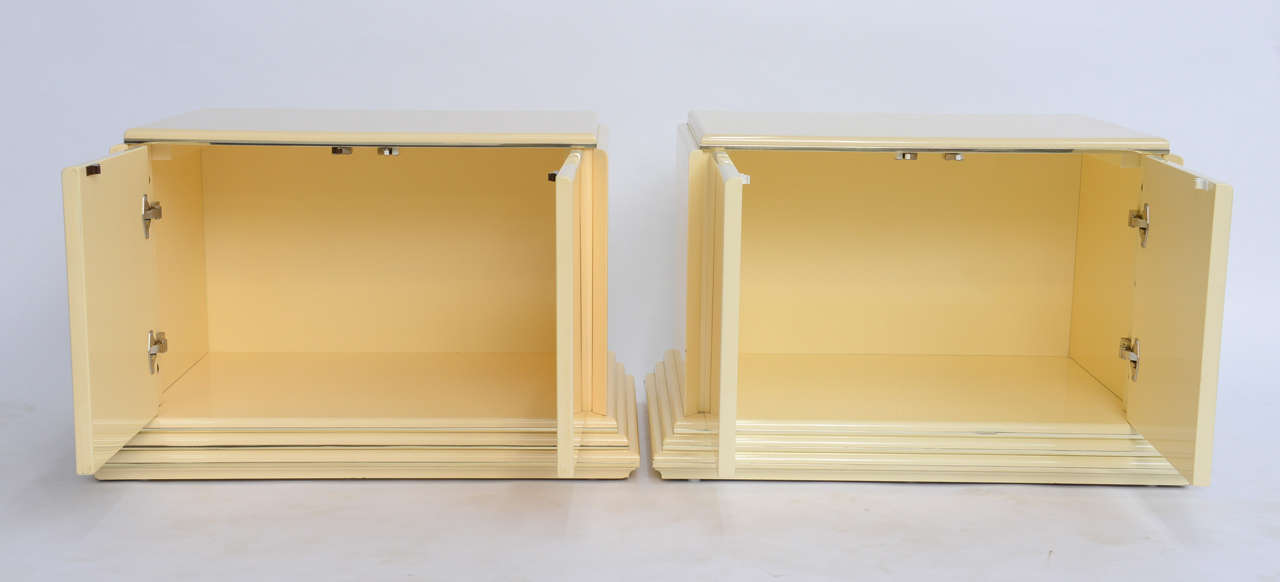 Art Deco Pair of Rougier Streamline Moderne Style Cream Lacquer Bedside Tables