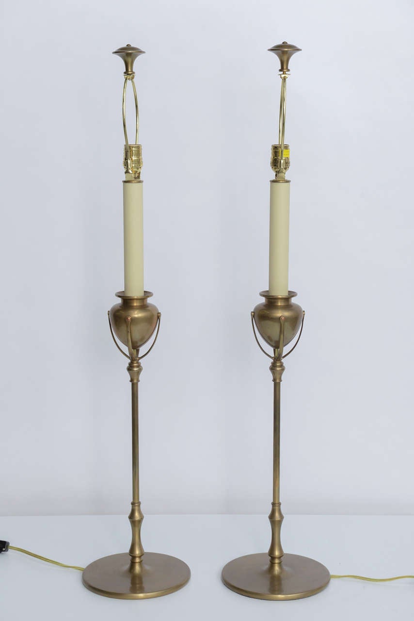 20th Century Tiffany Style Large Chapman Brass Candlestick Table Lamps