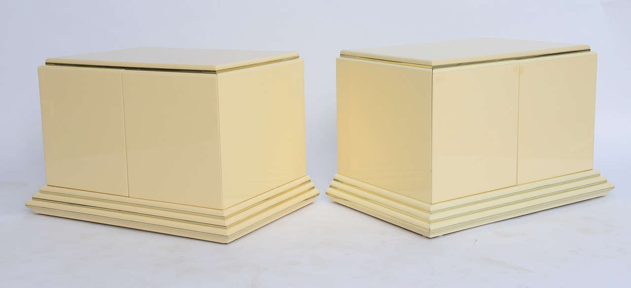 Pair of Rougier Streamline Moderne Style Cream Lacquer Bedside Tables