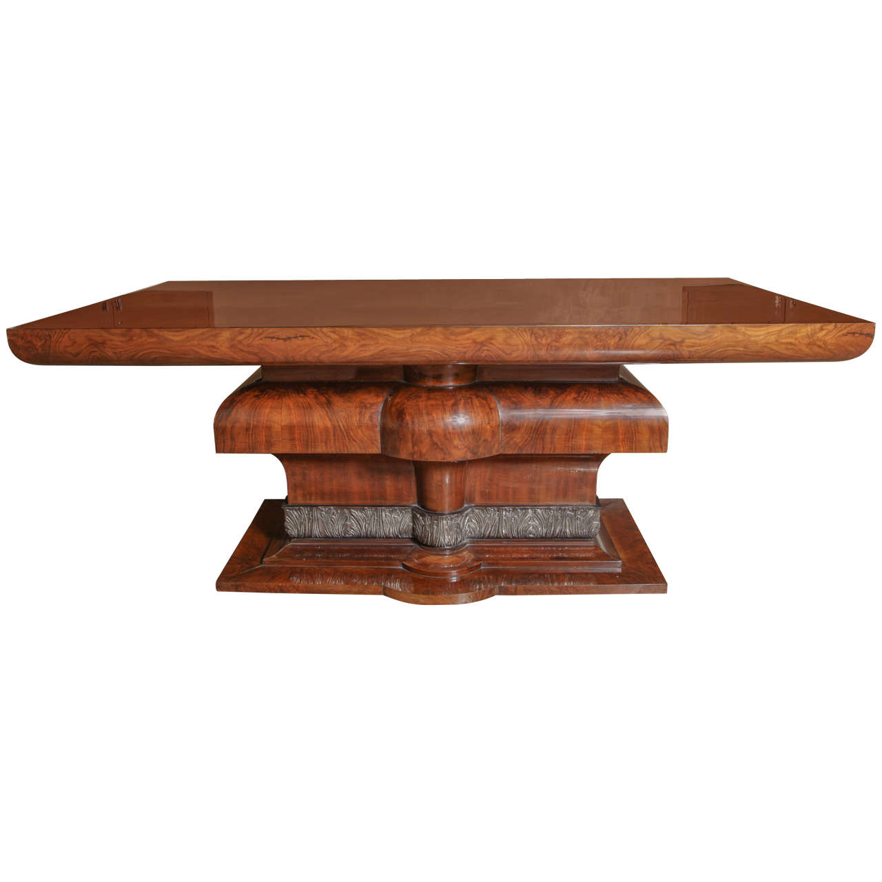 Beautiful French Art Deco Burl Walnut and Silver Leaf Dining Table For Sale