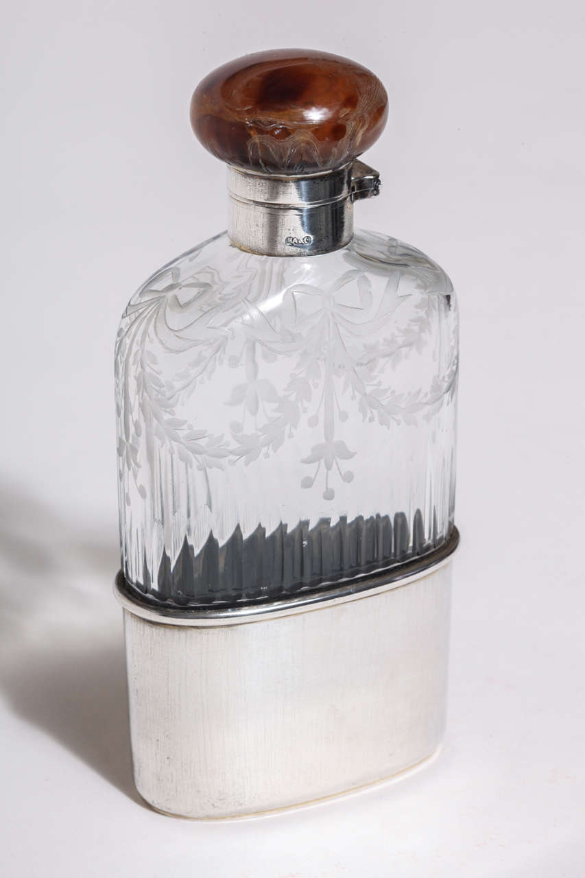 English Art Deco Cut Glass, Sterling Silver, and Faux Tortoiseshell Flask