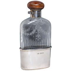 English Art Deco Cut Glass, Sterling Silver, and Faux Tortoiseshell Flask