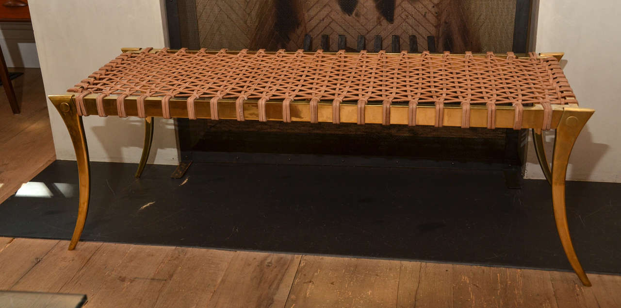 Stunning Contemporary Klismos Bench in Brass with leather straps in the style of T. H. Robsjohn-Gibbings
