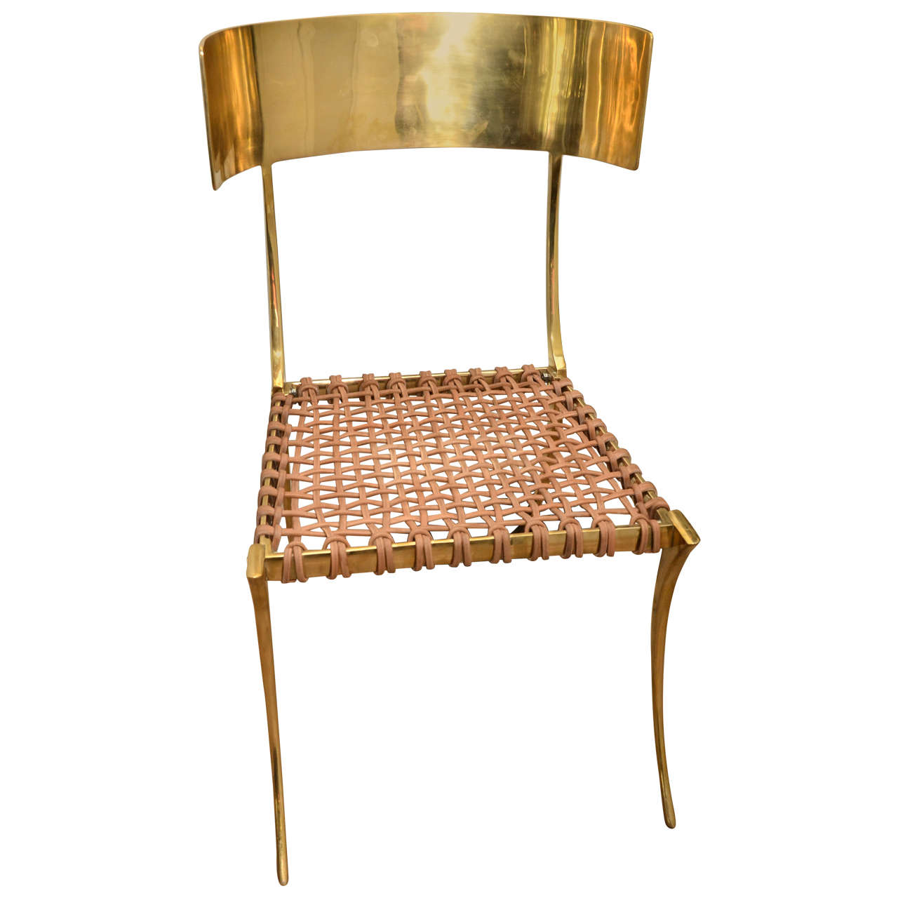 Contemporary Klismos Brass Chair with Leather Straps For Sale at