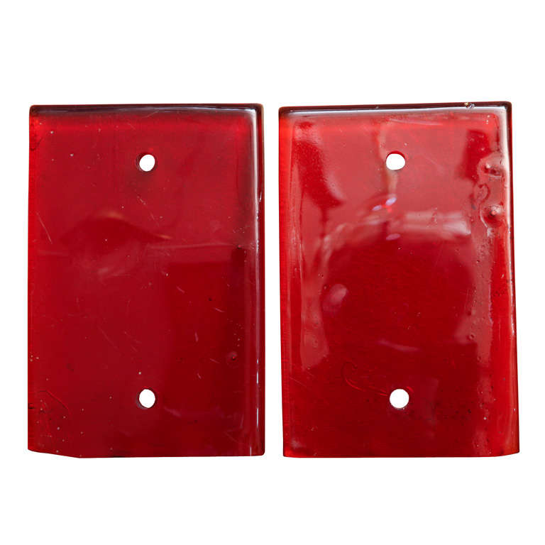 Pair of Red Glass Door Handle Plates For Sale