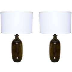 Pair of  Deep Olive Green Glass Lamps