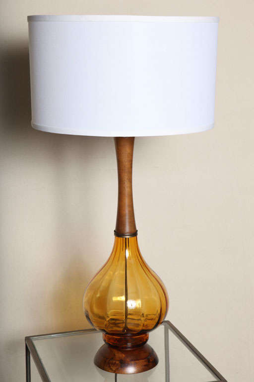 American Pair of Amber Glass and Walnut Lamps
