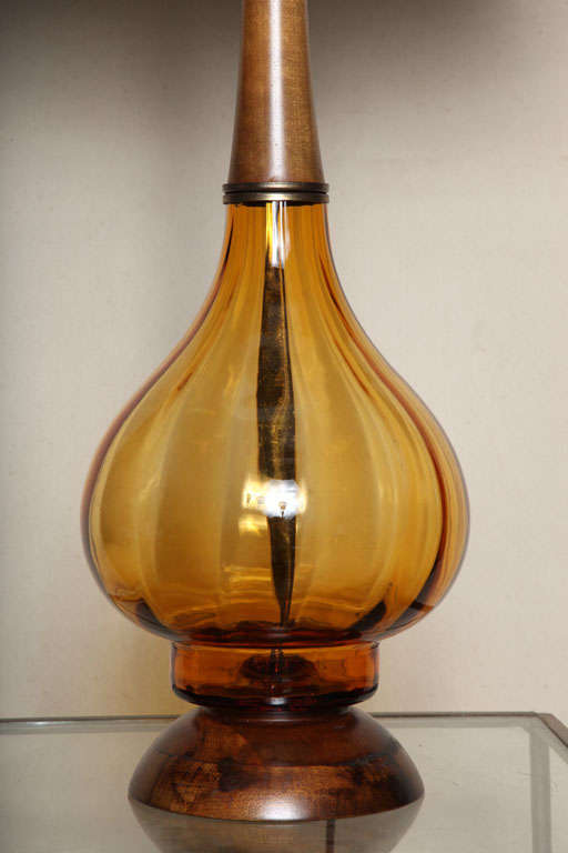 Mid-20th Century Pair of Amber Glass and Walnut Lamps