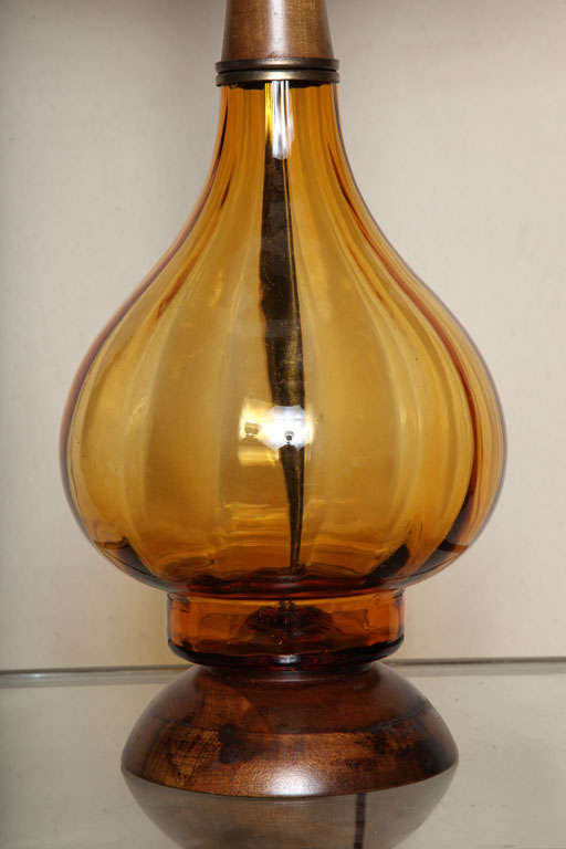 Pair of Amber Glass and Walnut Lamps 2