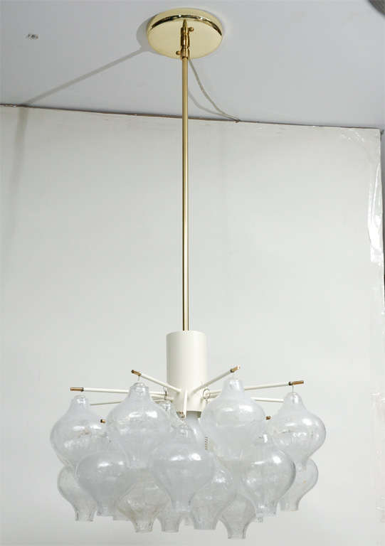 Gorgeous Kalmar chandelier with perfume shaped hand blown glass with white and brass frame. Newly rewired.