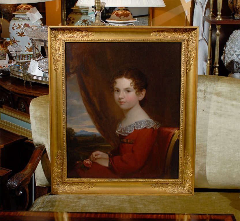 PORTRAIT OF GIRL BY J. COLES ( 1776-1854) GILDED EMPIRE FRAME, IN THE MANNER OF GILBERT STUART<br />
AN ATLANTA RESOURCE FOR FINE ANTIQUES<br />
WE HAVE A EVRY LARGE INVENTORY ON OUR WEBSITE<br />
TO VISIT GO TO WWW.PARCMONCEAU.COM