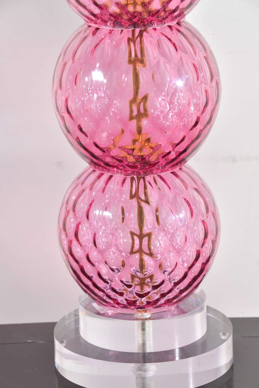 Italian Pair of Pink Stacked Murano Glass Lamps