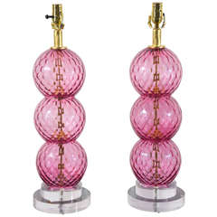 Pair of Pink Stacked Murano Glass Lamps