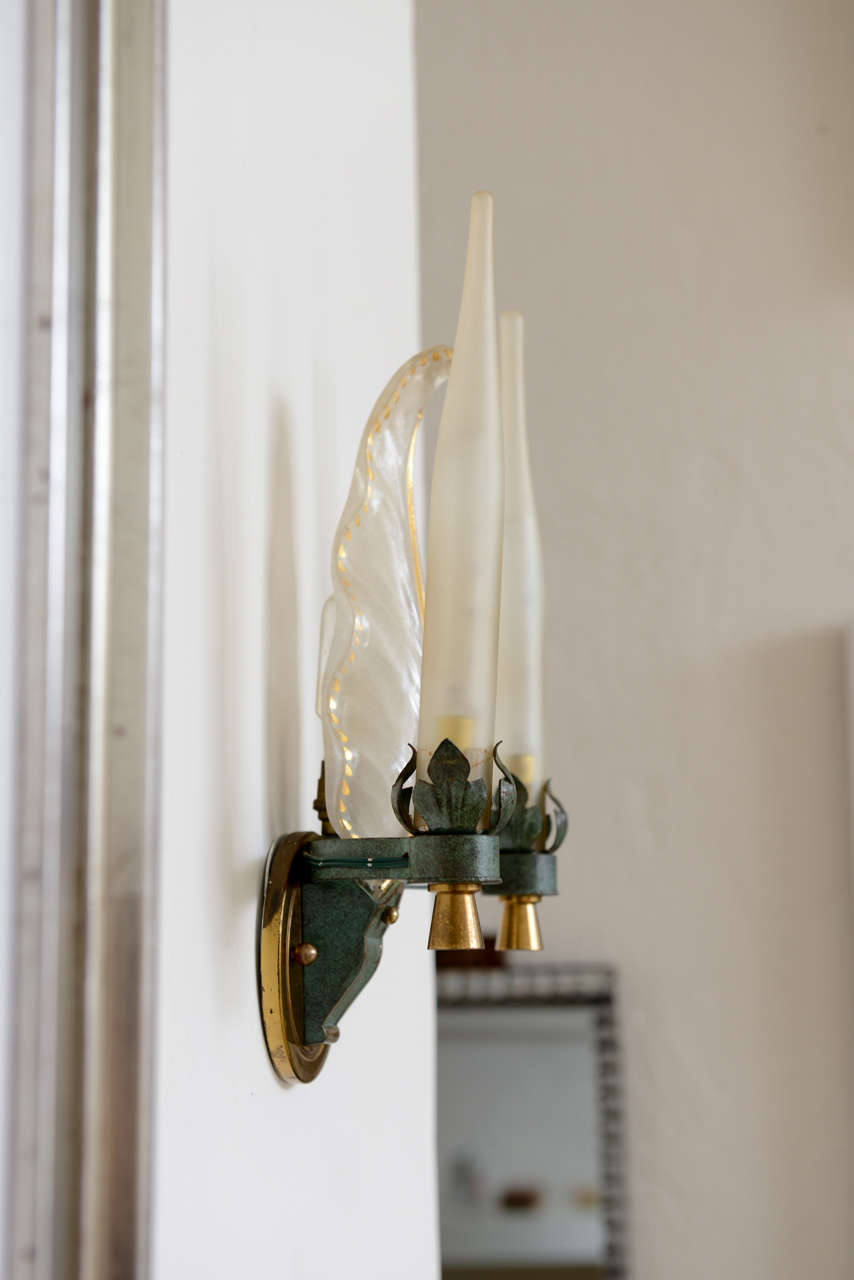 Pair of French Art Deco-Moderne Wall Sconces, Glass, Brass and Verdi Metal  In Excellent Condition In West Palm Beach, FL