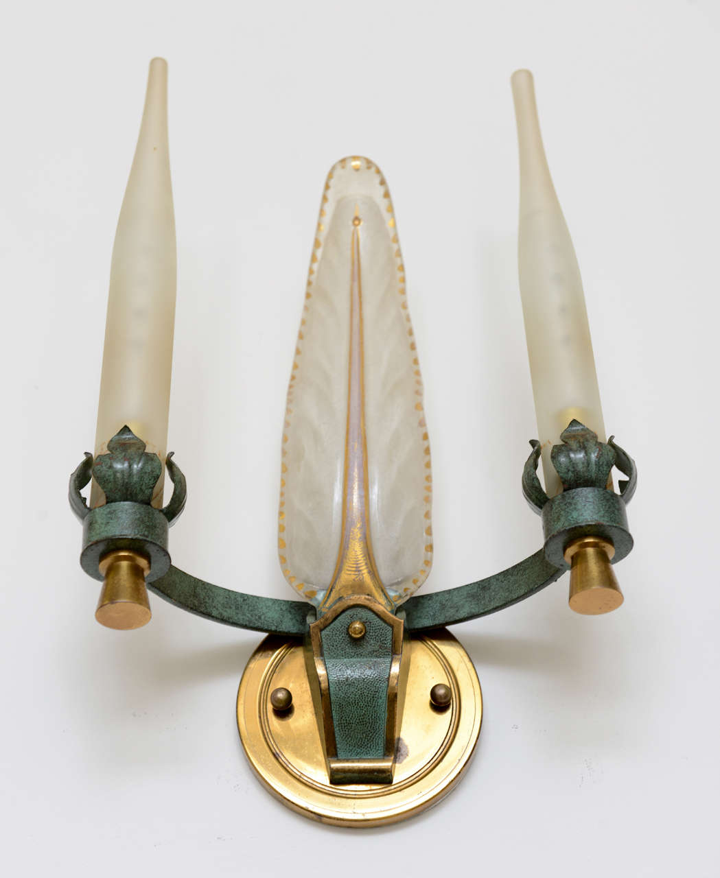 Mid-20th Century Pair of French Art Deco-Moderne Wall Sconces, Glass, Brass and Verdi Metal 