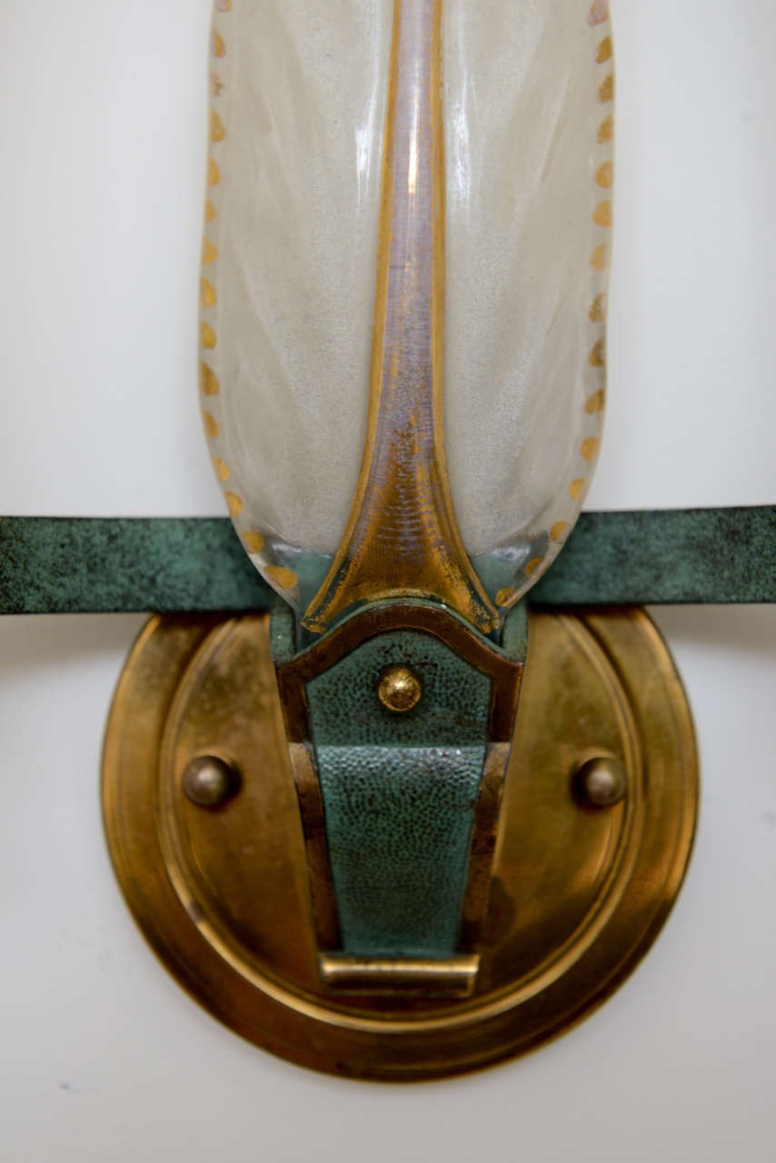 Pair of French Art Deco-Moderne Wall Sconces, Glass, Brass and Verdi Metal  2