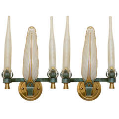 Pair of French Art Deco-Moderne Wall Sconces, Glass, Brass and Verdi Metal 