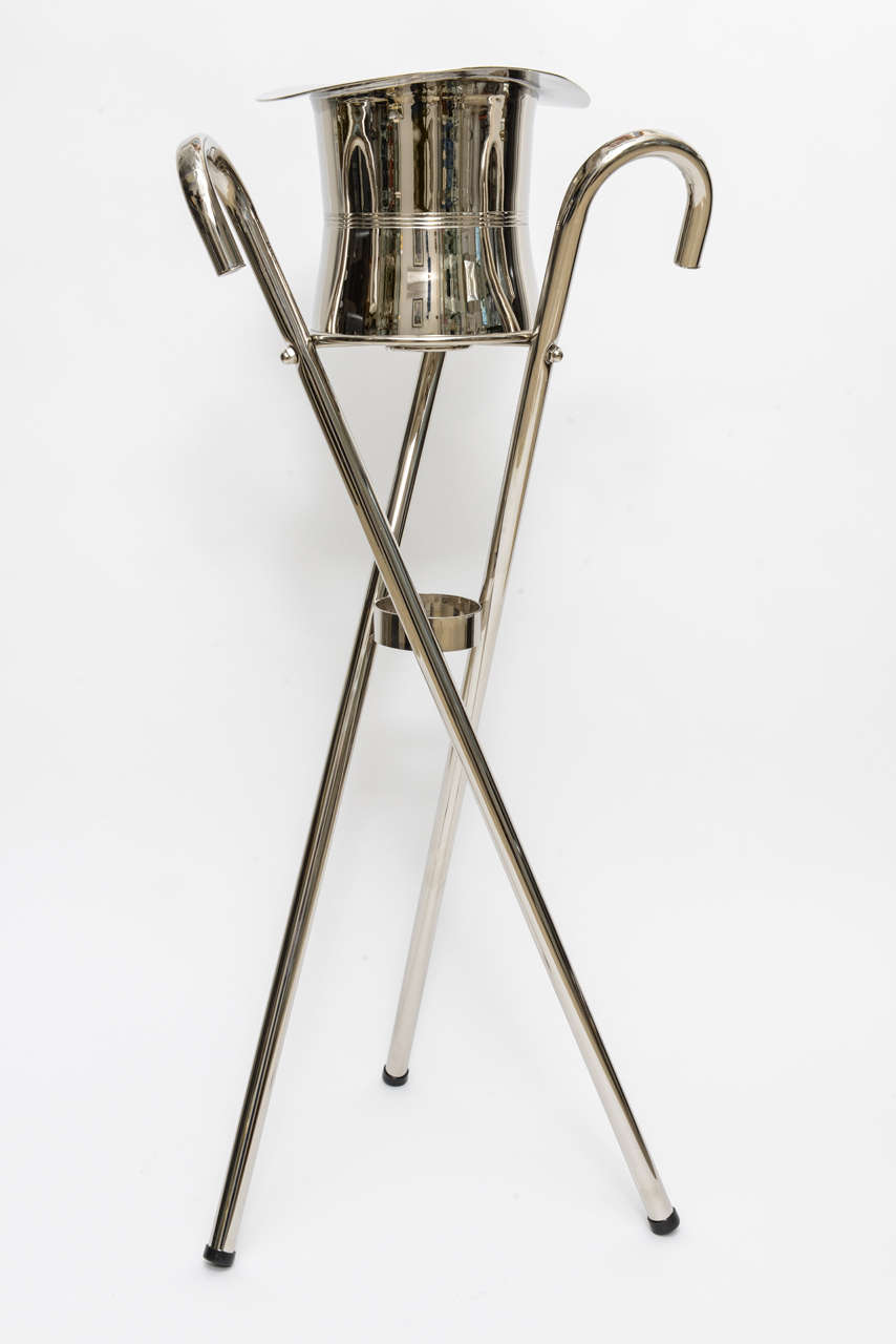 Unique champagne or ice bucket top hat on a stand, nickel plated over brass.  Bucket alone measures 6.75