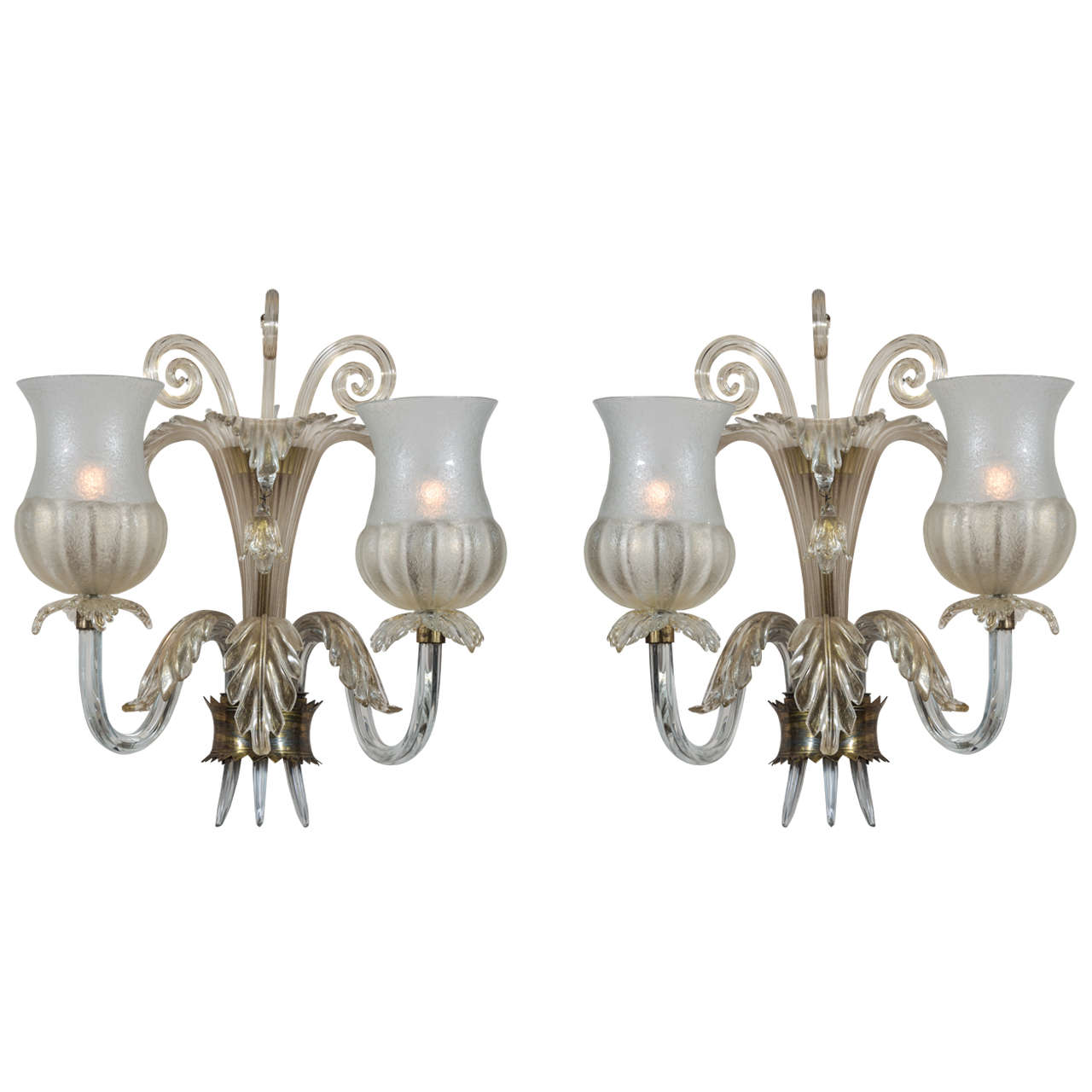 Pair of Fume 2 Arm Murano Glass Sconces by Seguso For Sale