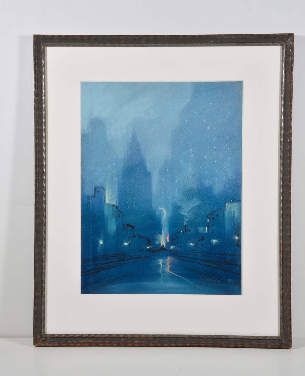 Beautiful Dolice evening Manhattan street scene.  Deep blues and black, with vibrant highlights.
Excellent condition, with vintage frame (possibly original) and archival mat/museum glass.
Well listed artist, with significant Museum
