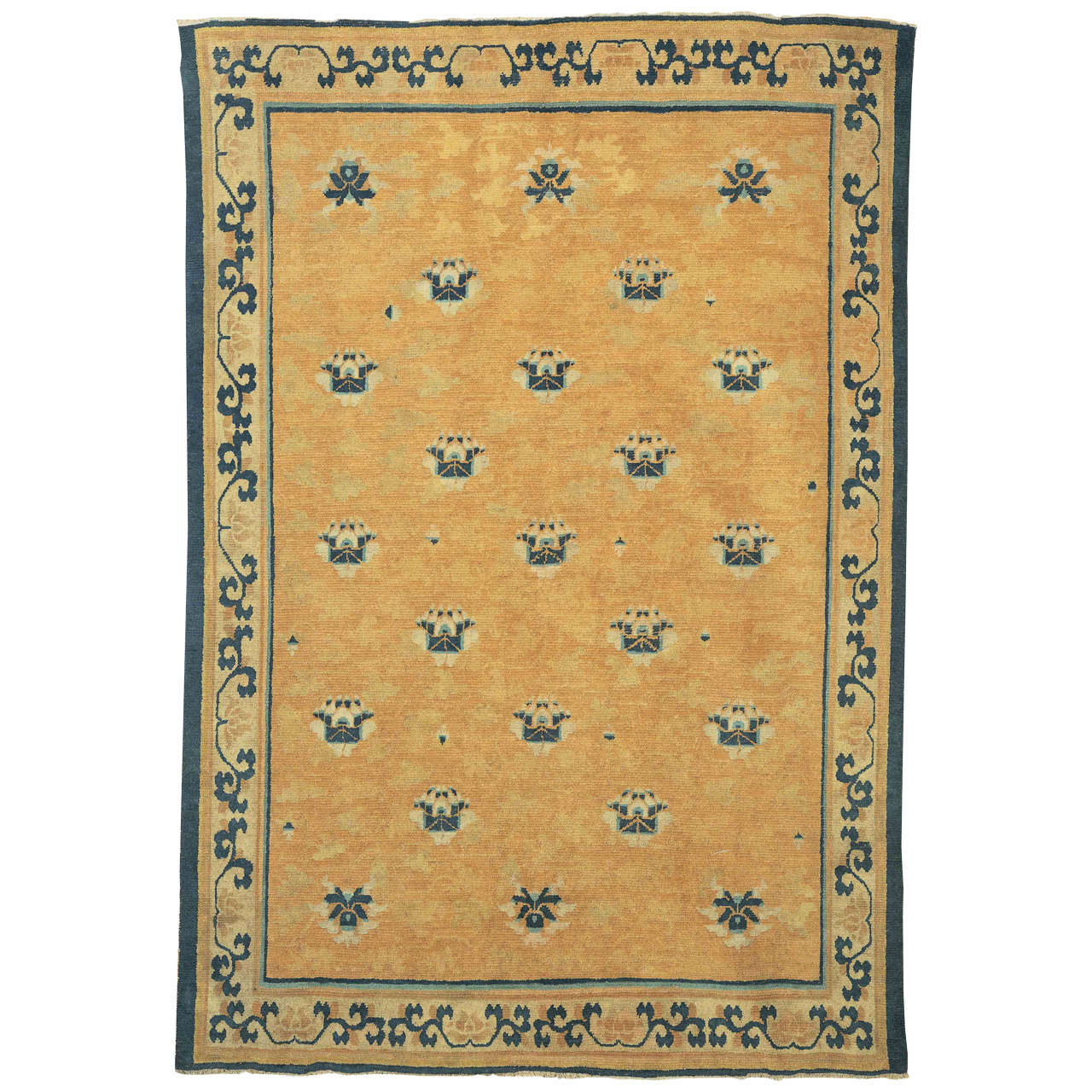 Rare Antique Chinese Ningxia Rug with Blue Lotus Flowers on a Blush