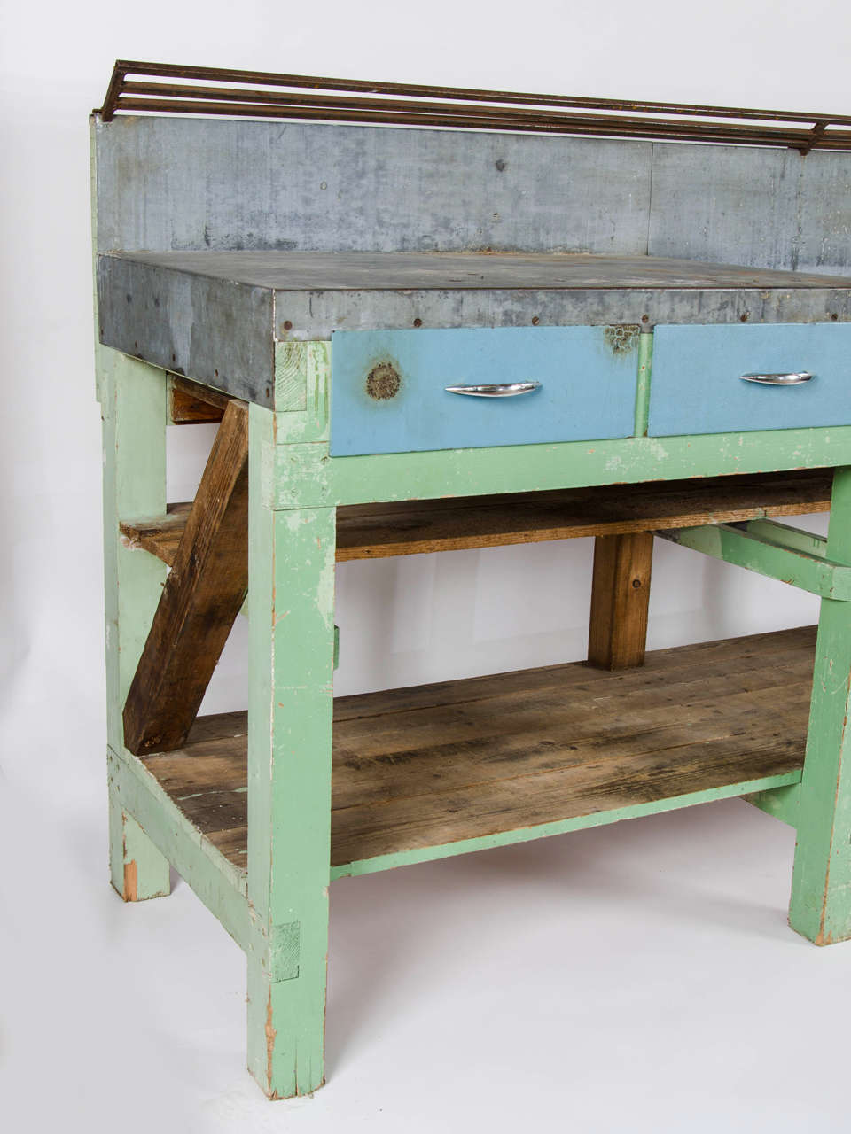 British Vintage Industrial Metal Topped Pine Counter