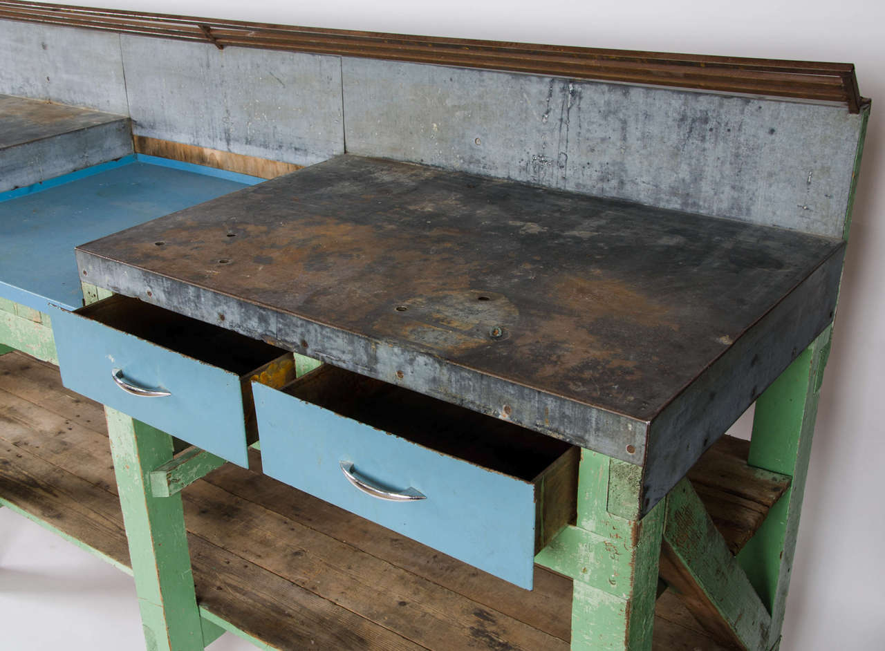 Vintage Industrial Metal Topped Pine Counter In Distressed Condition In London, GB