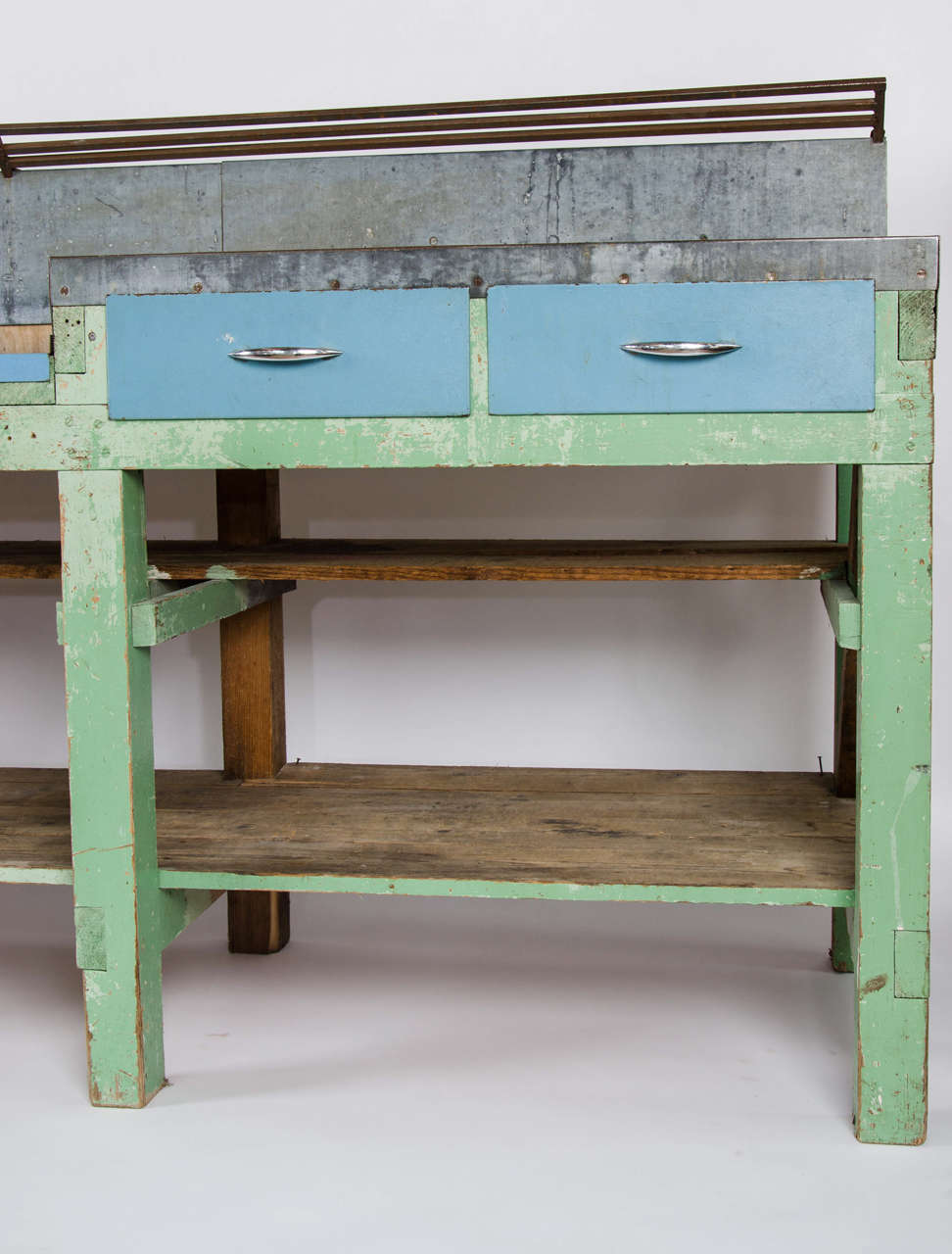 20th Century Vintage Industrial Metal Topped Pine Counter