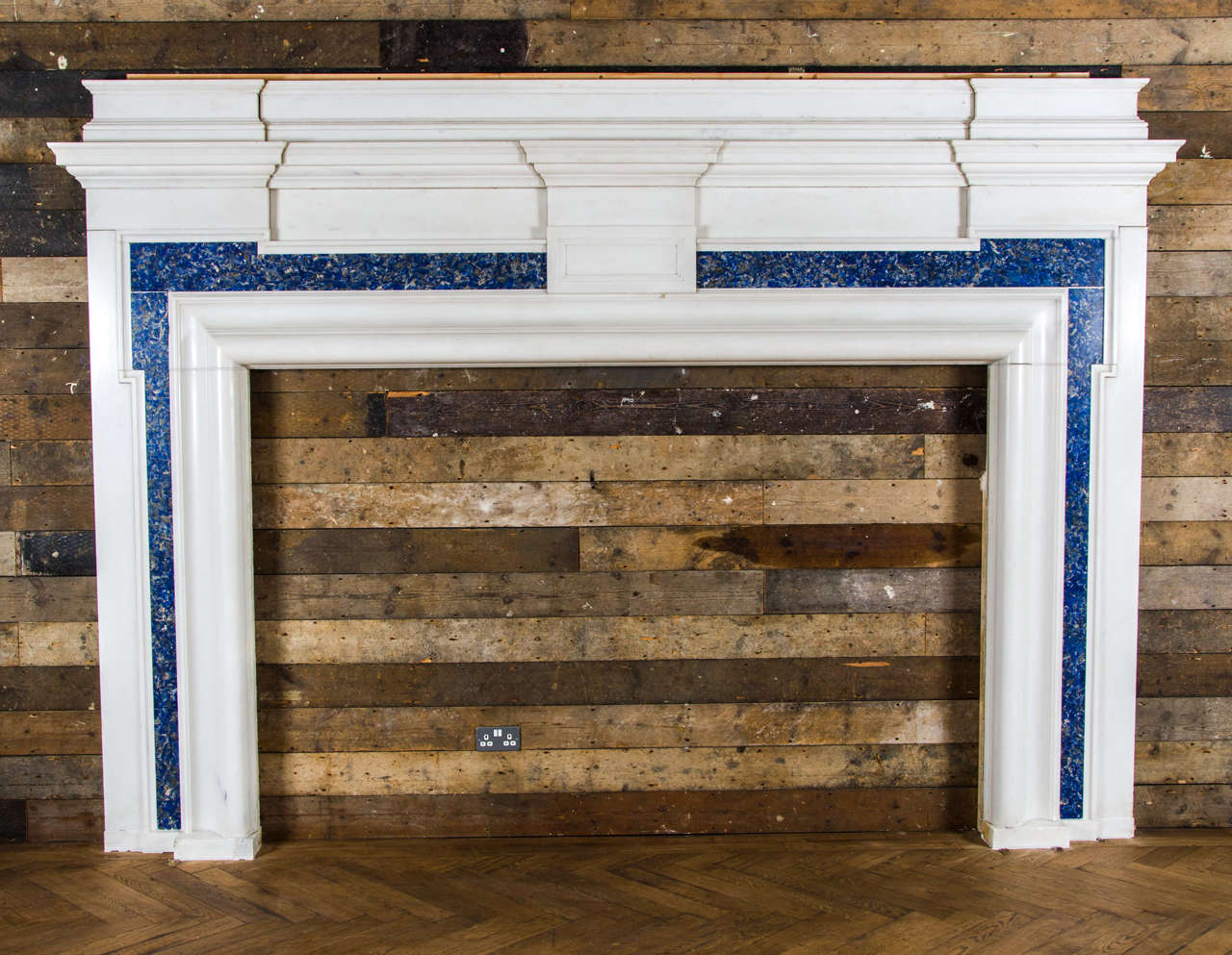 Grand Architectural 1930s Marble Fireplace Surrounded with Lapis Lazuli