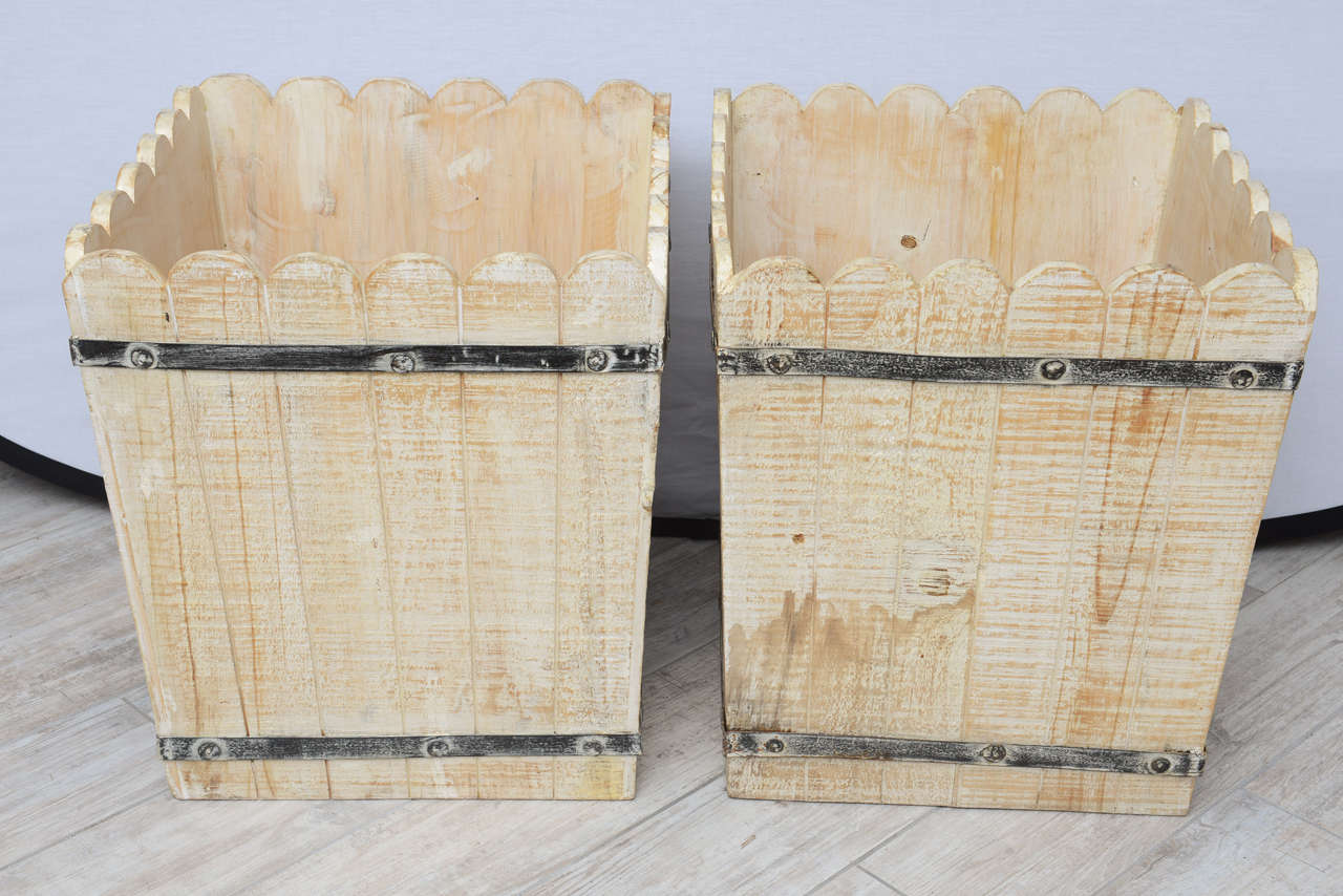 Pair of French Wood Slat Planters with Zinc Straps In Good Condition In West Palm Beach, FL