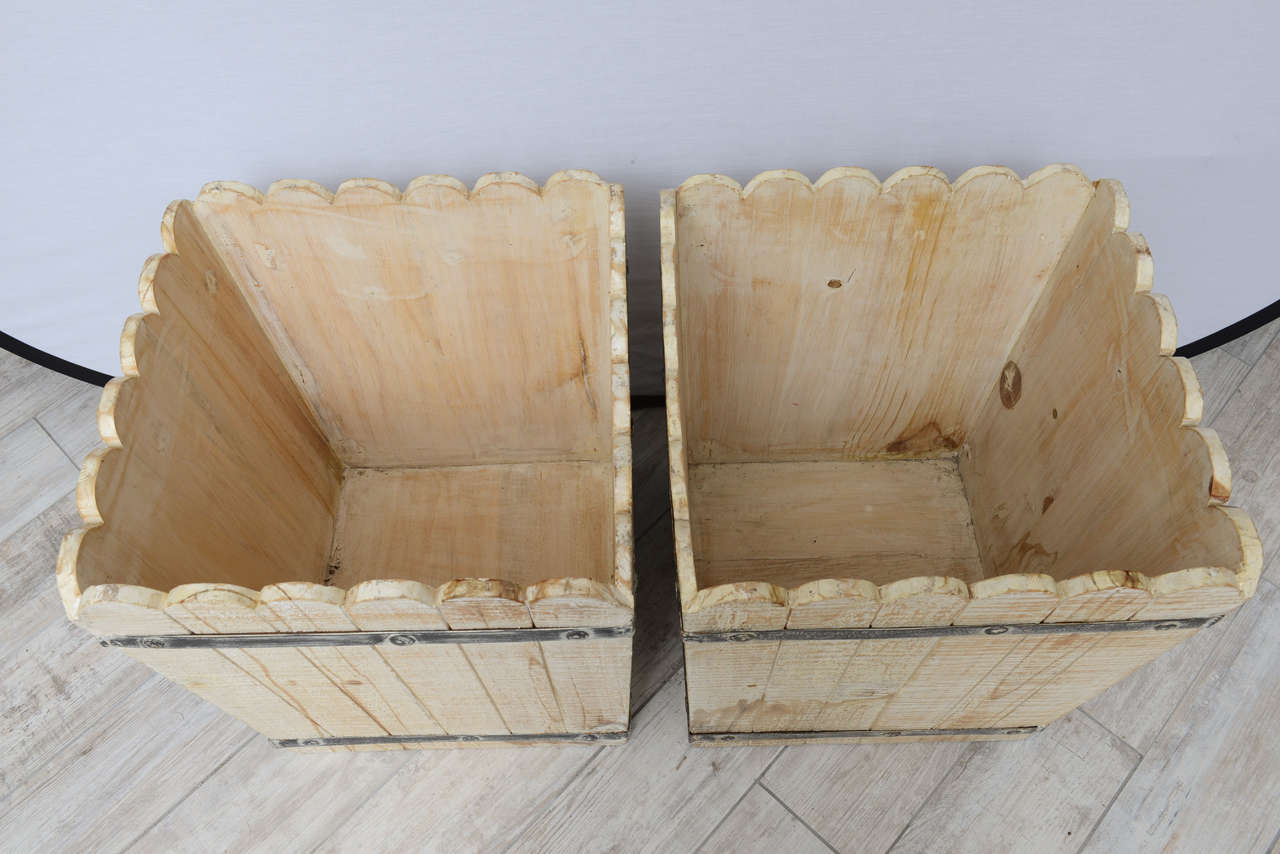 Pair of French Wood Slat Planters with Zinc Straps 5