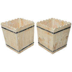 Pair of French Wood Slat Planters with Zinc Straps
