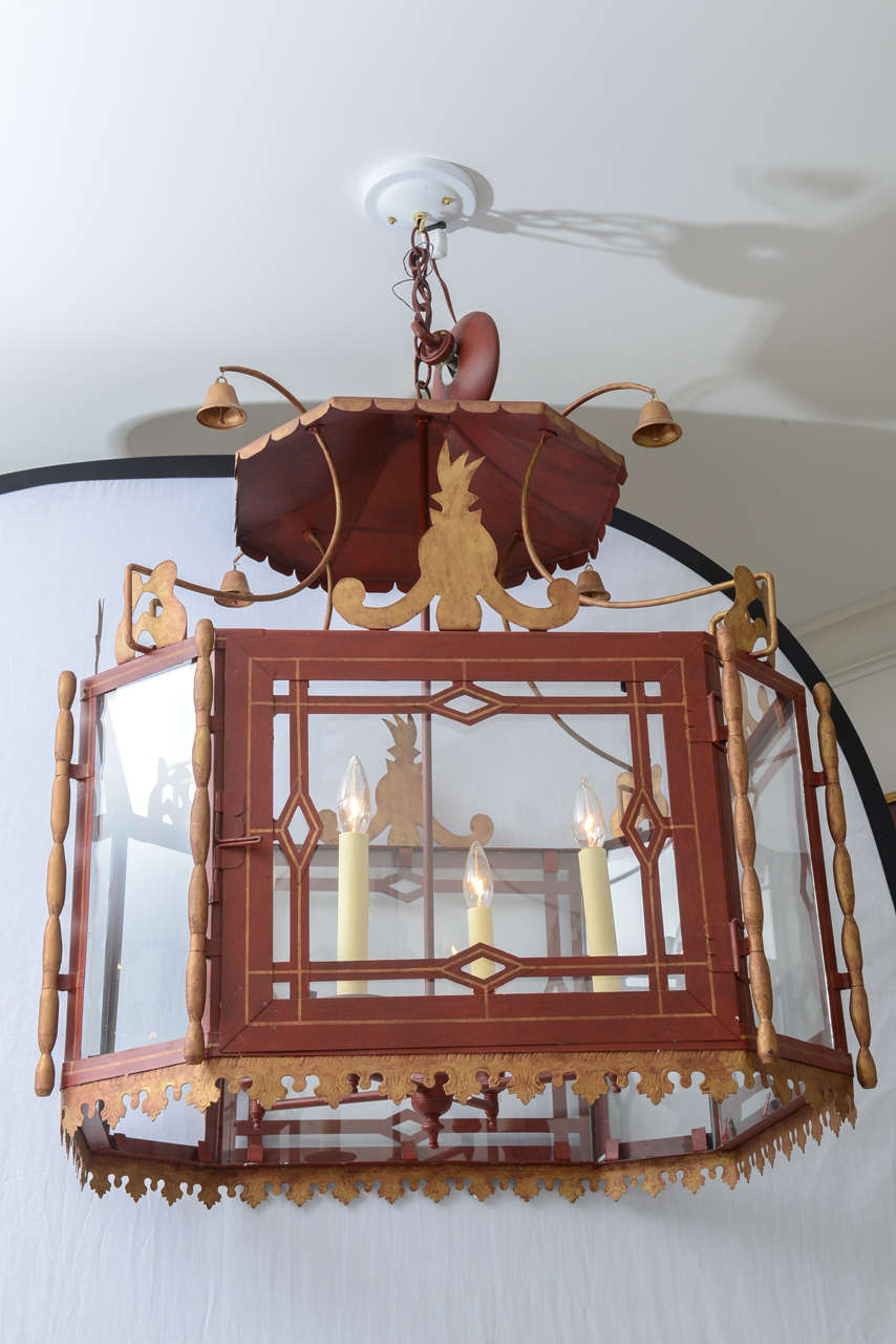 Vintage Nierman Weeks Pagoda Fixture by  designer John Rosselli.  Pagoda has eight glass panels with red and gold tole frame.