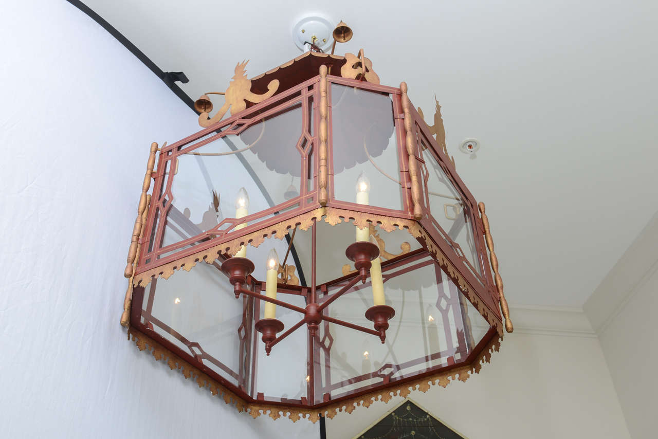 Large Red Chinoiserie Pagoda Fixture In Good Condition In West Palm Beach, FL