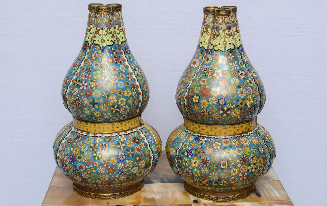 Pair of Antique Chinese Triple Gourd Cloisonne Vase with Qianlong Mark In Good Condition In West Palm Beach, FL