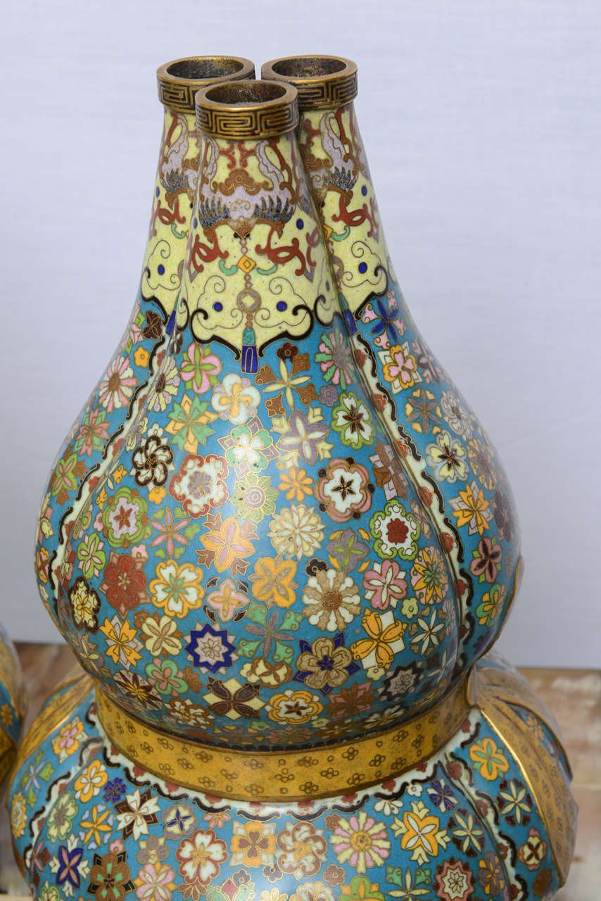 20th Century Pair of Antique Chinese Triple Gourd Cloisonne Vase with Qianlong Mark