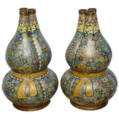 Pair of Antique Chinese Triple Gourd Cloisonne Vase with Qianlong Mark