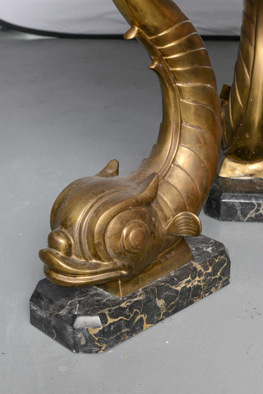 Mid-Century Modern Mid-Century Marble-Top, Brass Dolphins Center Table
