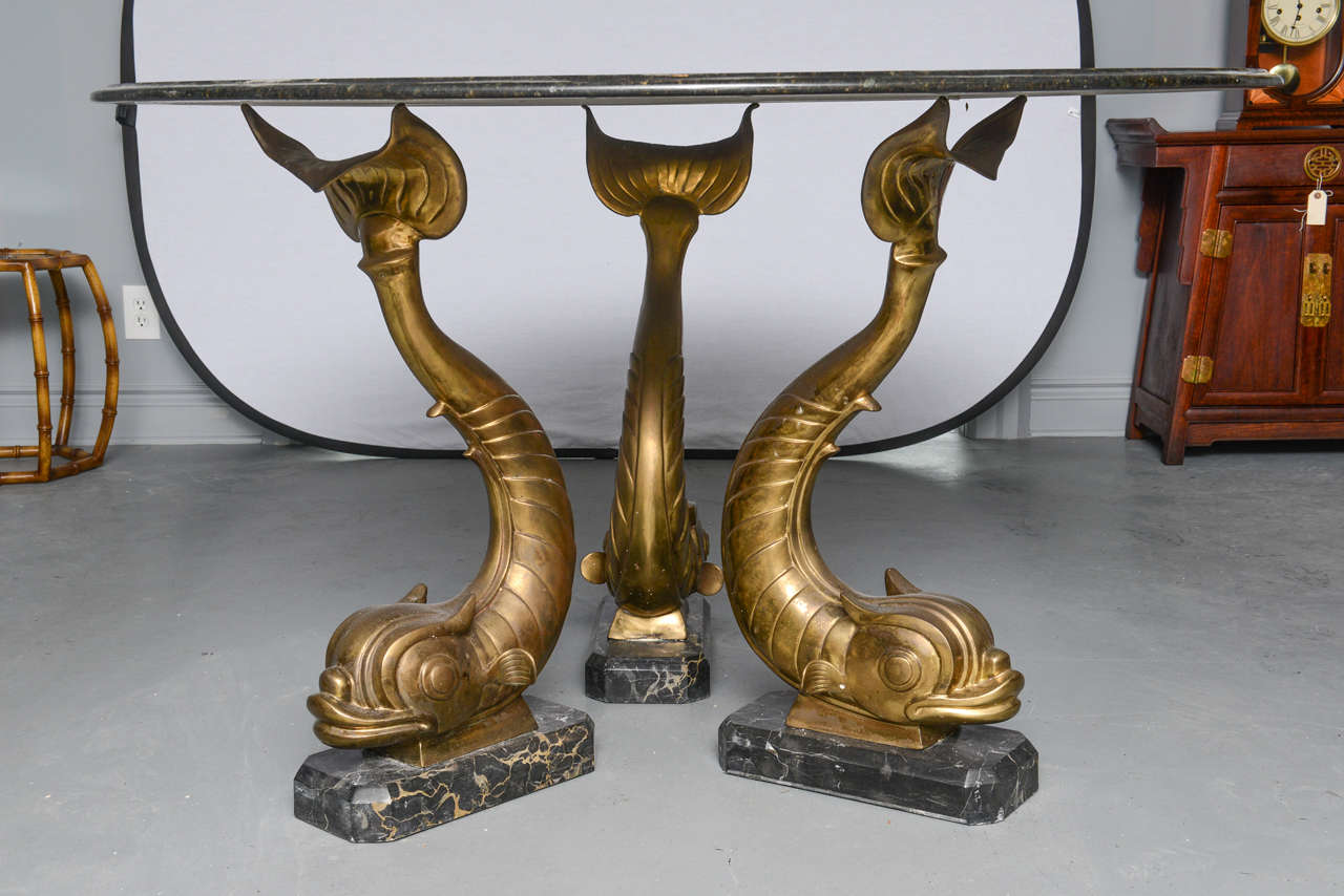 American Mid-Century Marble-Top, Brass Dolphins Center Table