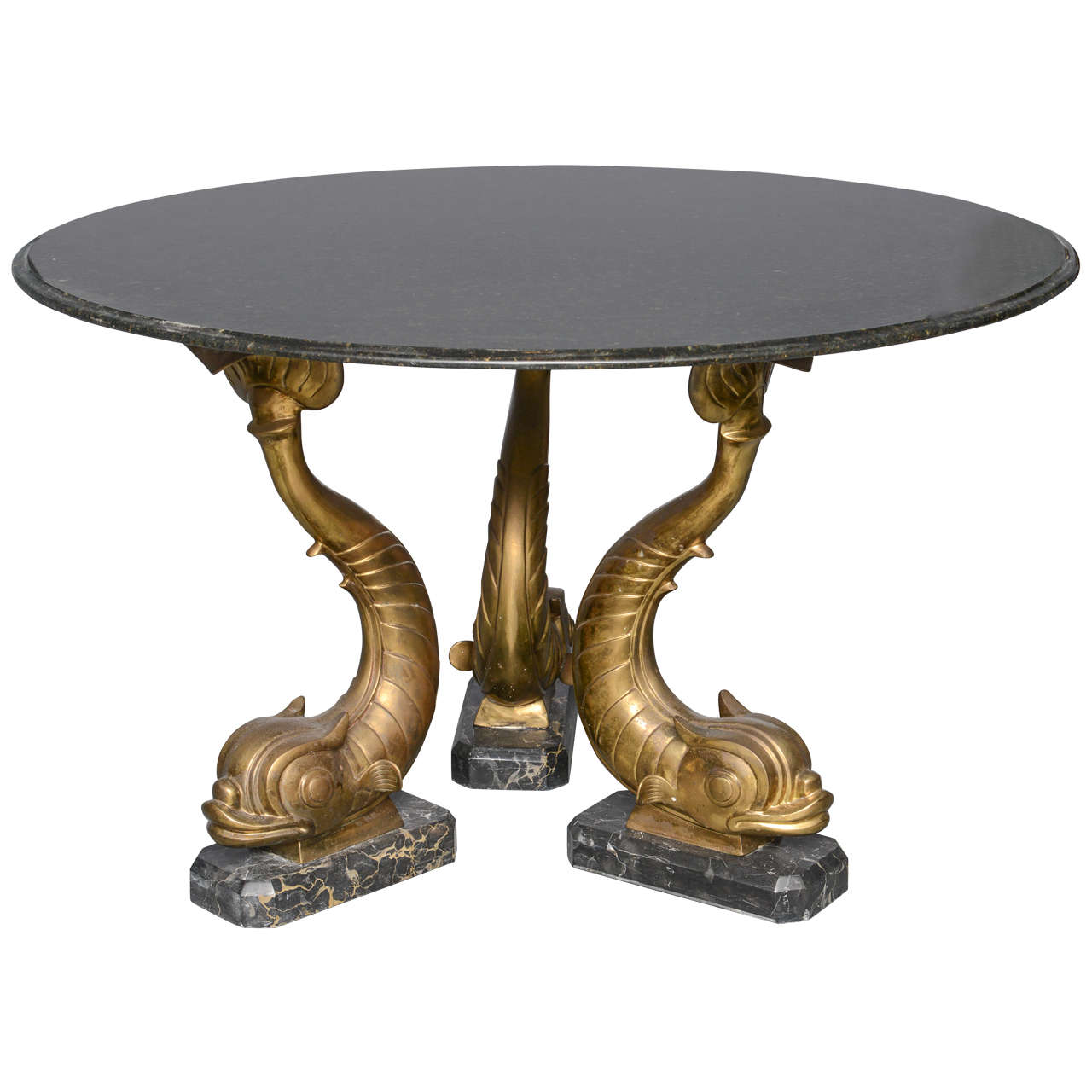 Mid-Century Marble-Top, Brass Dolphins Center Table
