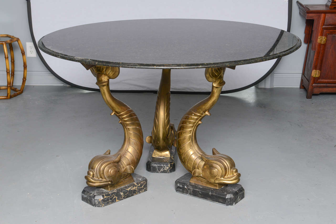 MidCentury MarbleTop, Brass Dolphins Center Table For Sale at 1stDibs
