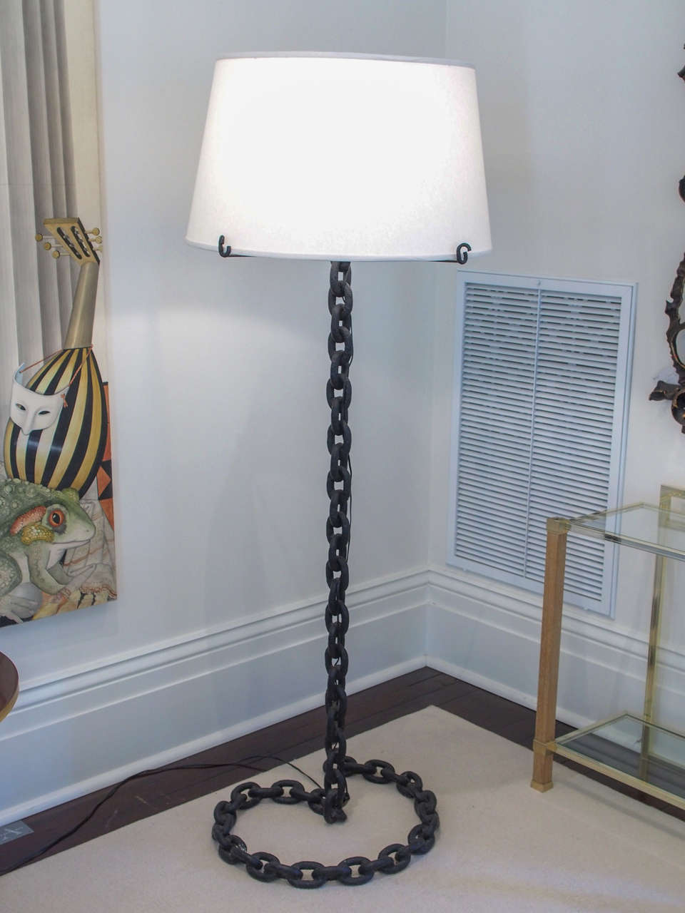Unusual floor lamp in iron chain with three supports for the custom linen shade.