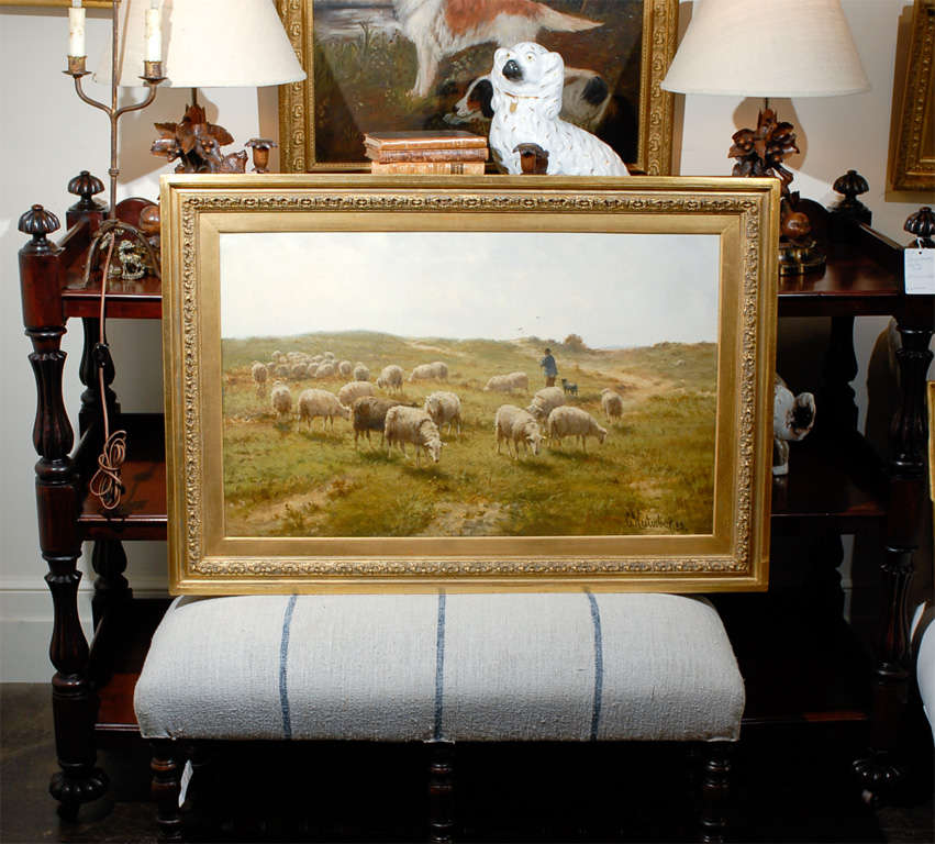 Sheep and Shepherd oil painting in gilt frame. Signed by Dutch artist Cornelius Westerbeck 1844 - 1903