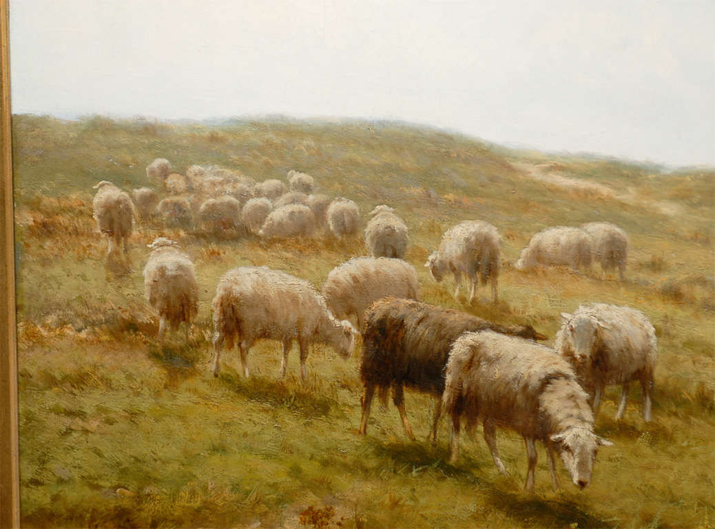19th Century Sheep and Shepherd Oil Painting
