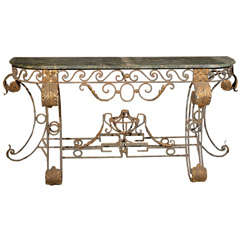 Large Iron Console Table with Marble Top and Urn Detail