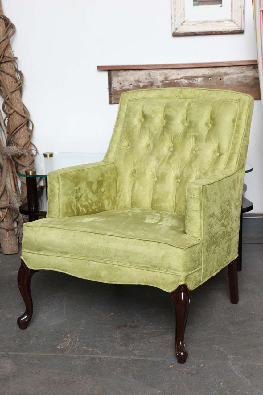 The Classic Queen Anne Armchair is an antique updated in Ultrasuede textile. The beautiful Cabriole legs were also refinished.
The chair is large in proportion and comfortable. Its classic lines are highlighted with the citron fabric. Tufted back